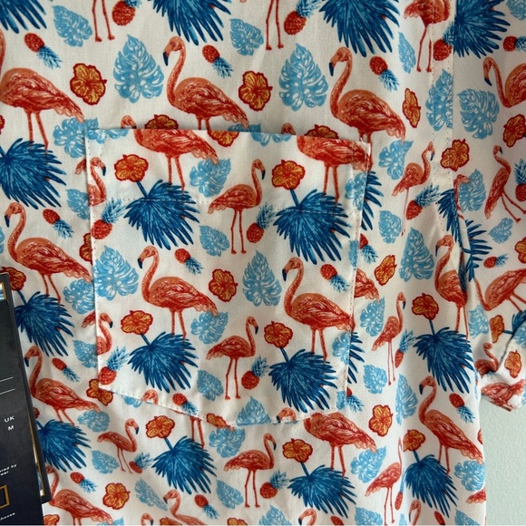 NWT Nickel & Iron White Flamingo All Over Print Short Sleeve Button Up Medium - Picture 3 of 11